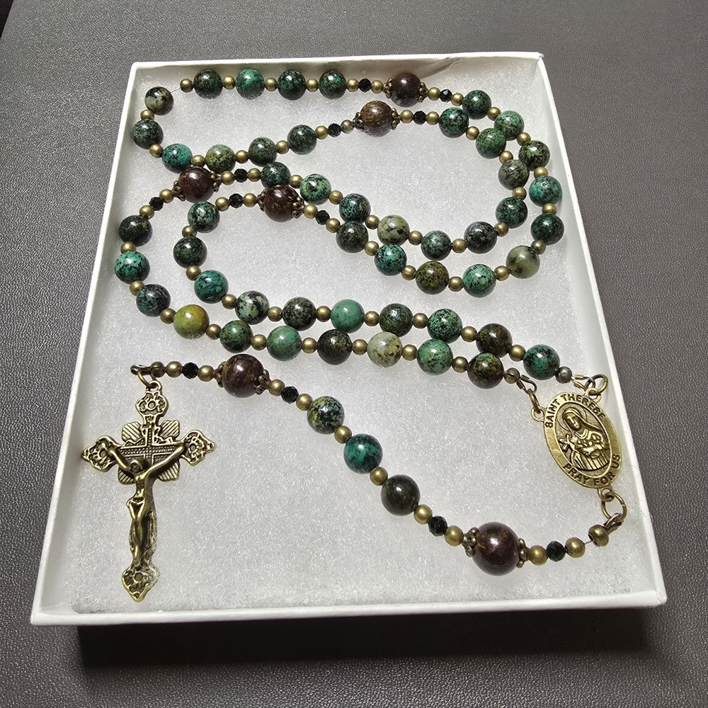 Large One Of A Kind Hand Crafted Rosary Made With African Turquoise And Bronzite